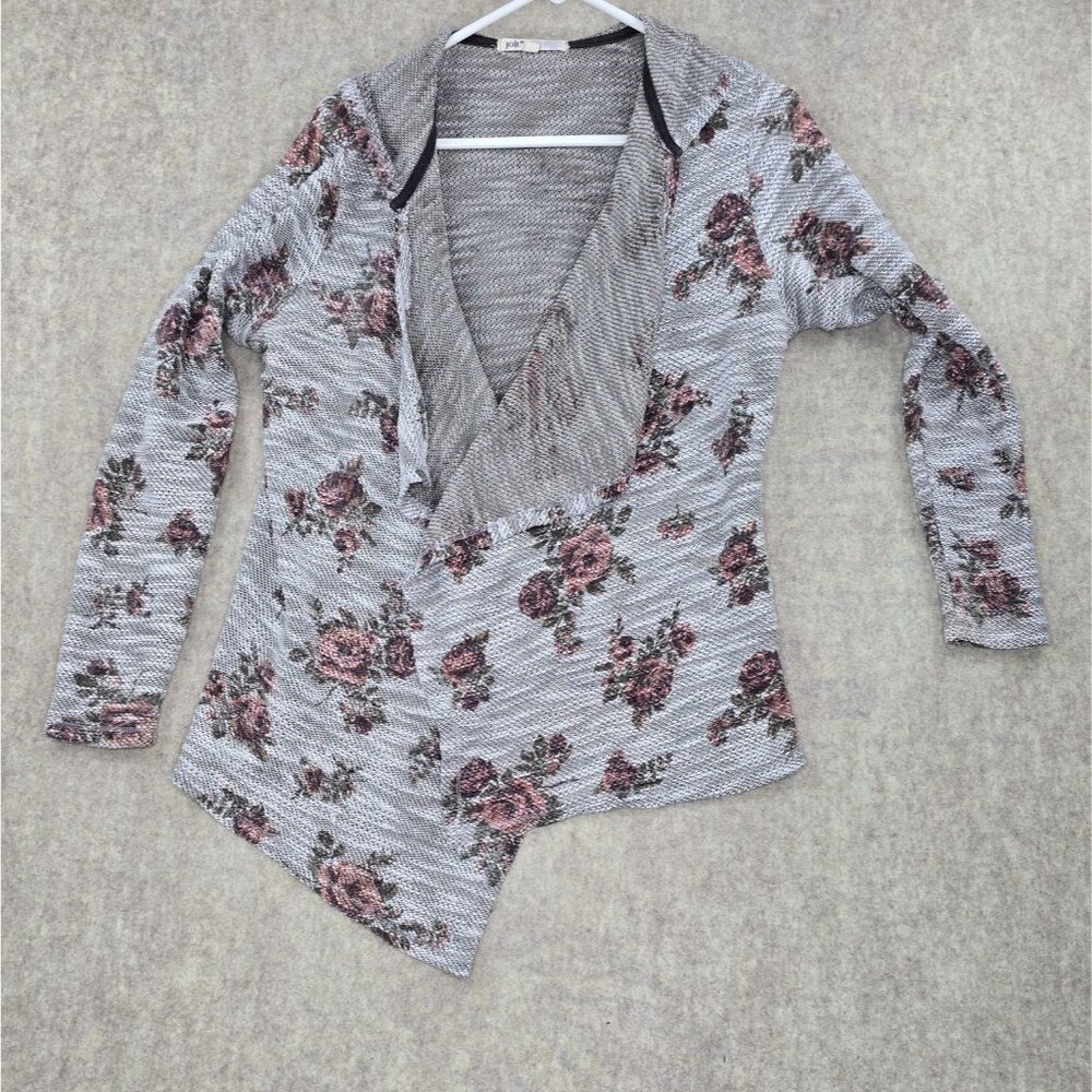 Jolt Womens Floral Knit Asymmetrical Cardigan Size L Gray & Pink Rayon Blend